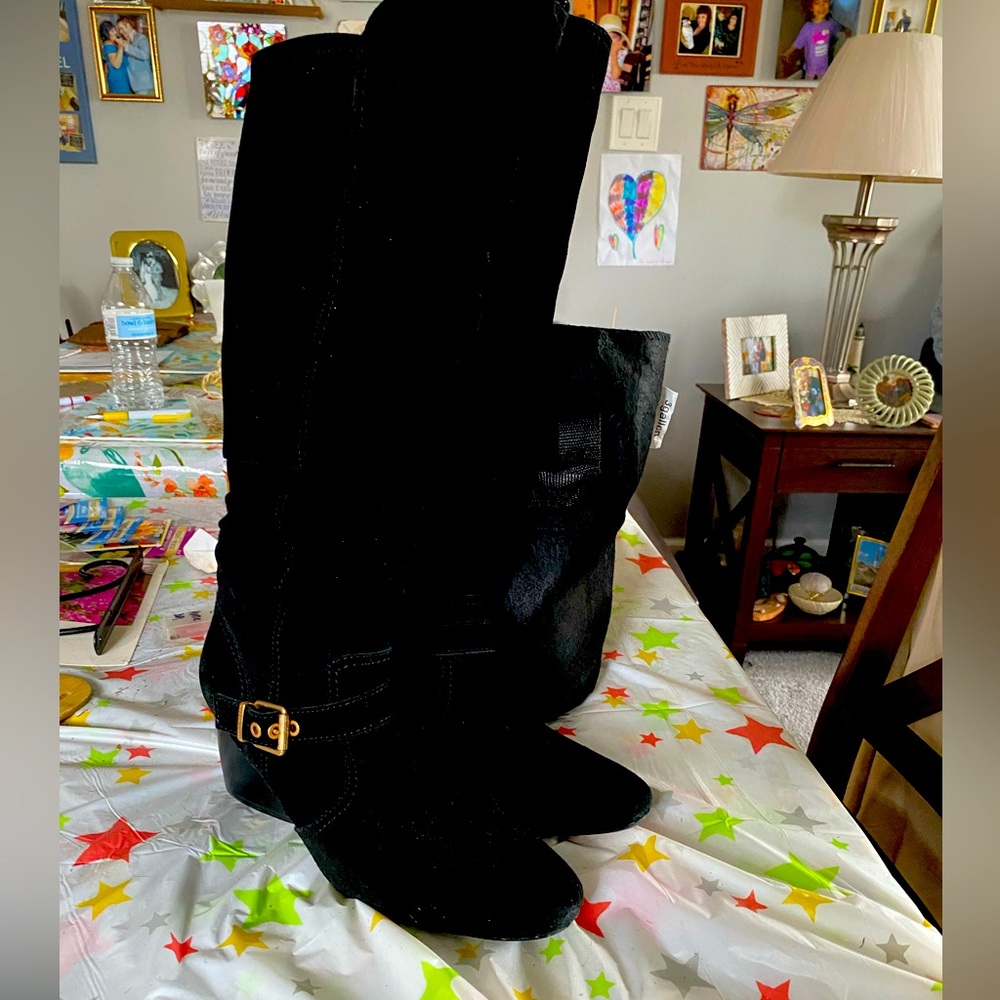 Black genuine leather/ suede knee high boots. Macys brand Lucci. Size 10